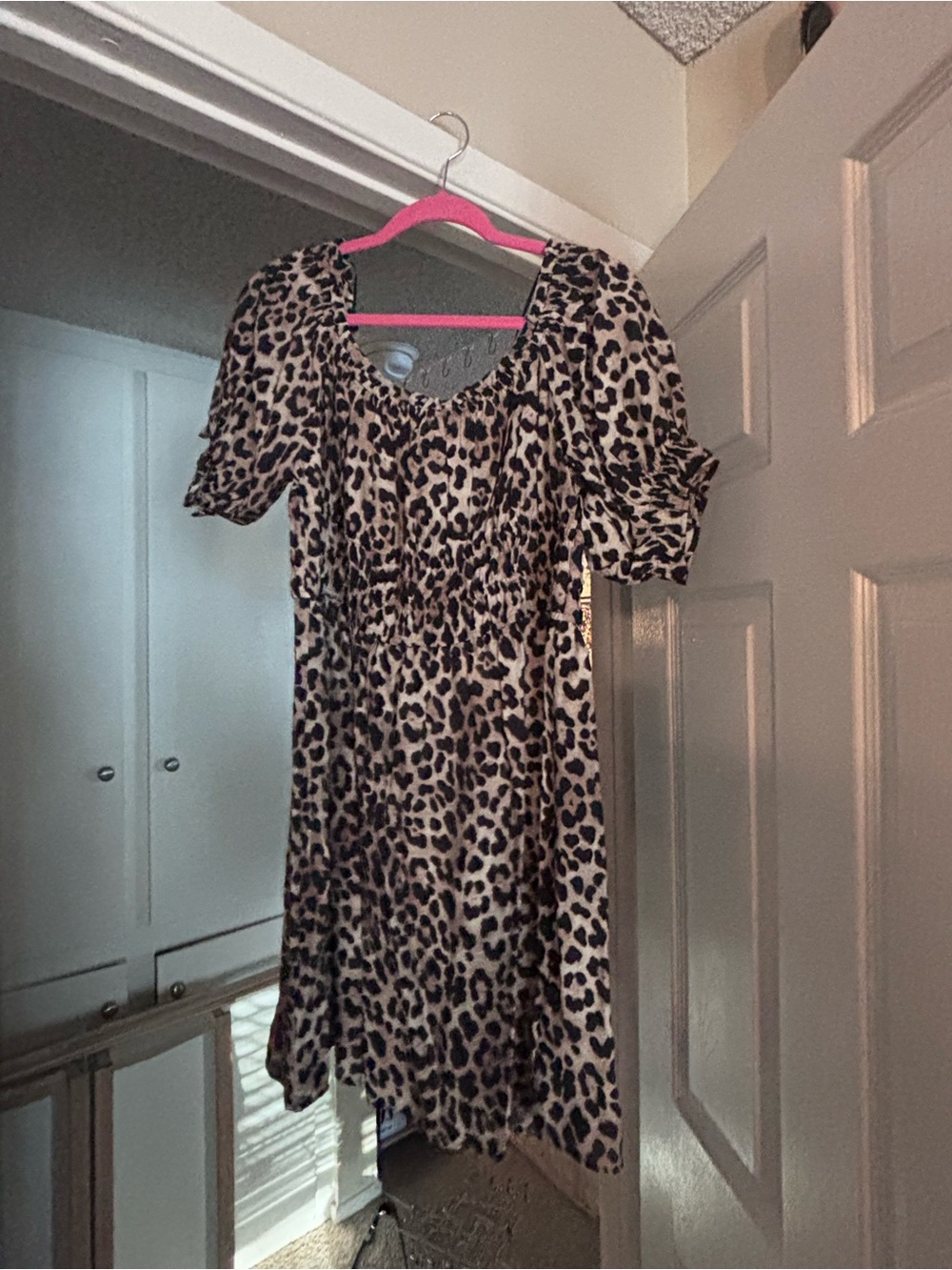 Leopard Print Puff Sleeve Women's Dress - Beige/Black